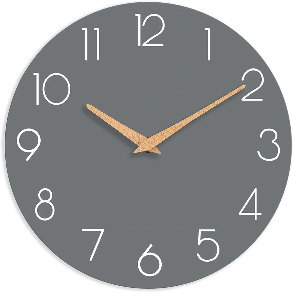 Modern Silent Non-Ticking 8 inch Wall Clock Wooden Handle Grey/White NWOT